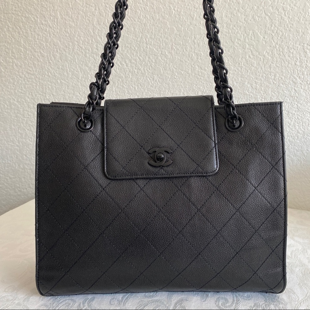 Chanel black quilted leather tote